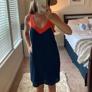 Gorgeous navy and orange mini dress.
